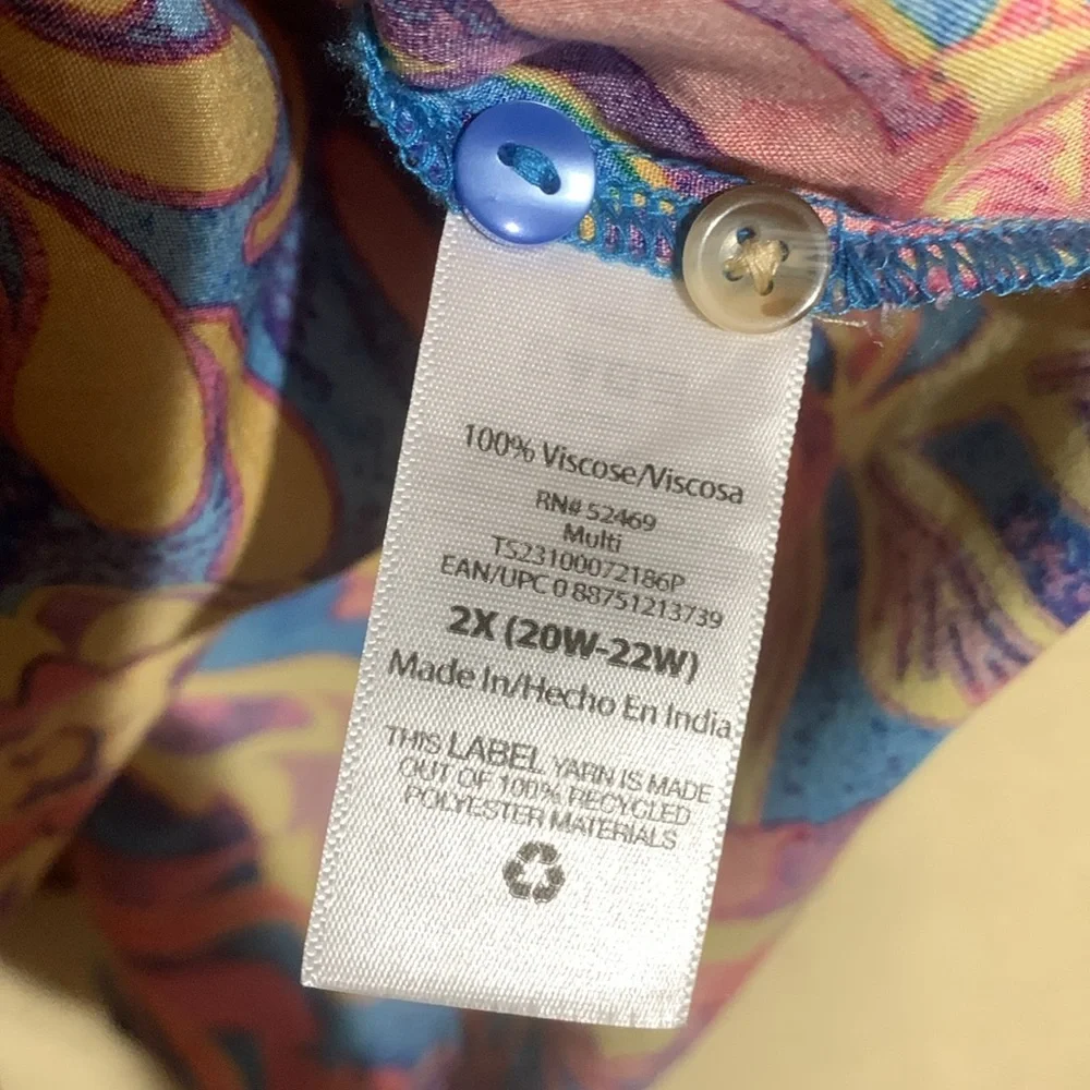 Terra & Sky Top 2X Blue Pink Yellow Floral Sleeveless Front Buttons Viscose - Picture 10 of 16